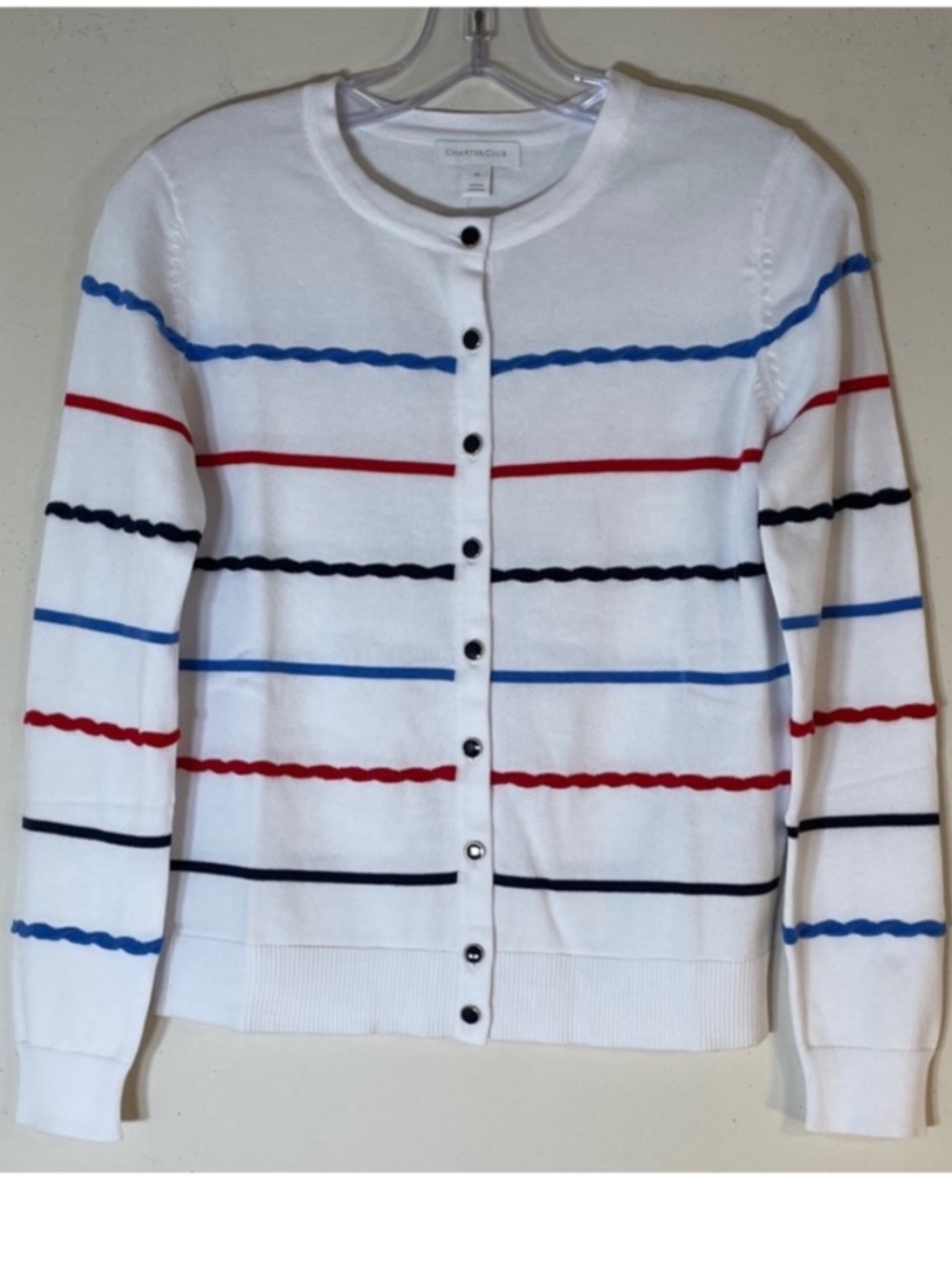 Charter Club White Cardigan with 3D Knitted Blue, Red, and Navy Stripes. SP. NWT